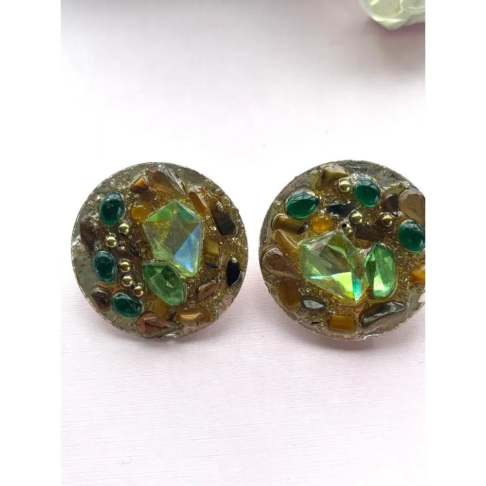 Vintage Big Button Gold Metallic & Green Crystals Earrings 1980